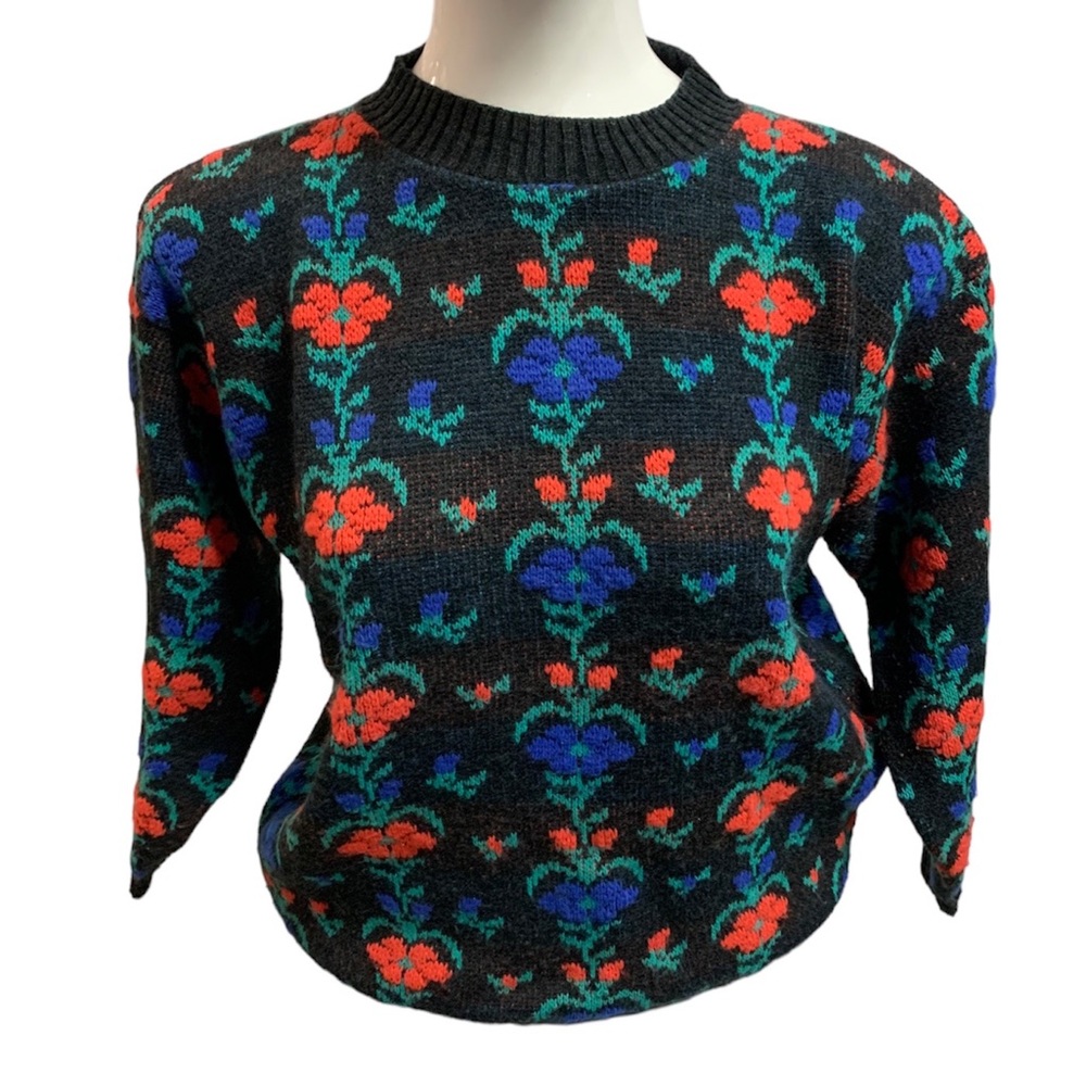 Blue red flowers black vintage sweater